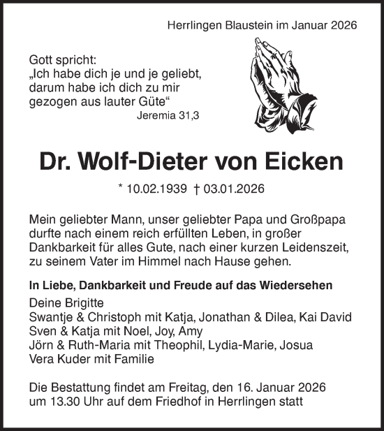 Traueranzeige von Wolf-Dieter von Eicken von SÜDWEST PRESSE Ausgabe Ulm/Neu-Ulm
