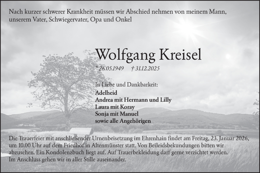  Traueranzeige für Wolfgang Kreisel vom 17.01.2026 aus Hohenloher Tagblatt