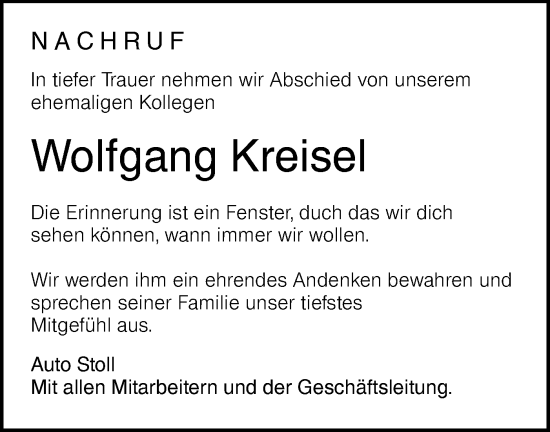Traueranzeige von Wolfgang Kreisel von Hohenloher Tagblatt