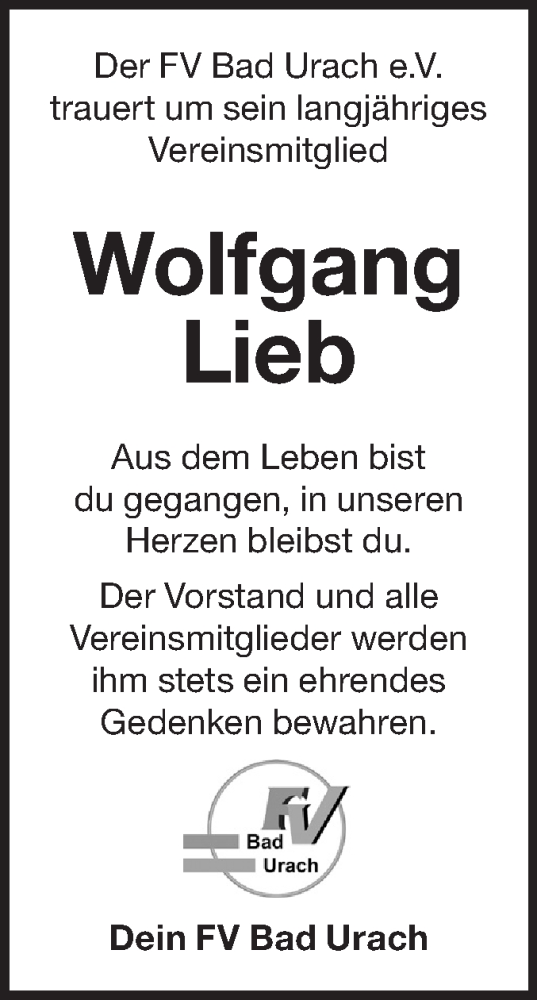 Traueranzeige für Wolfgang Lieb vom 10.01.2026 aus Alb-Bote/Metzinger-Uracher Volksblatt