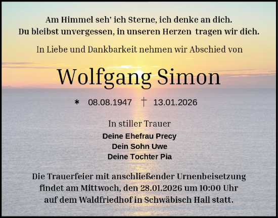 Traueranzeige von Wolfgang Simon von Haller Tagblatt
