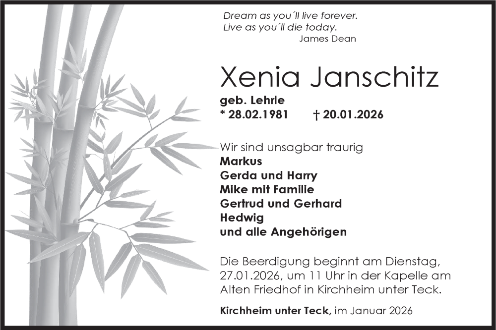  Traueranzeige für Xenia Janschitz vom 24.01.2026 aus Haller Tagblatt