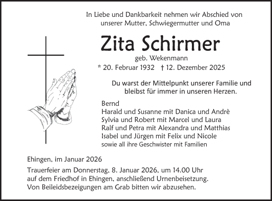 Traueranzeige von Zita Schirmer von Ehinger Tagblatt